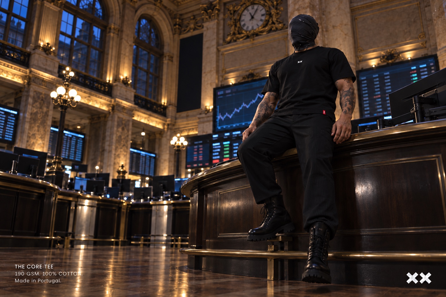 Black Core Tee worn with a full-face balaclava in an ornate trading hall