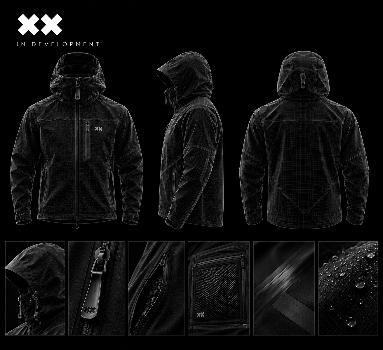 XX, in development. Rain-shell wireframes from the front, side and back, with close-ups of the hood, zips, ventilation, seams and water droplets on the fabric.
